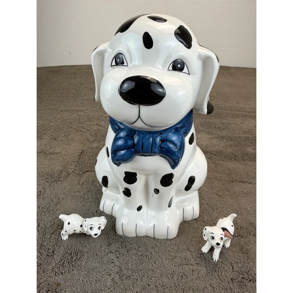 Vintage Dalmatian Ceramic Cookie Jar with‎ 2 Puppy Figurines Blue Bow Set